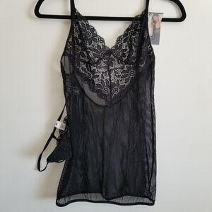 New Black Floral Lace Babydoll Panty Set Medium